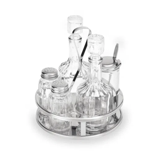 Menage 5-teilig MENAGE 1480, Essig & Öl, Salz & Pfeffer, Senfglas, Höhe 17 cm, Edelstahl, Glas - 1480005 - 1480005